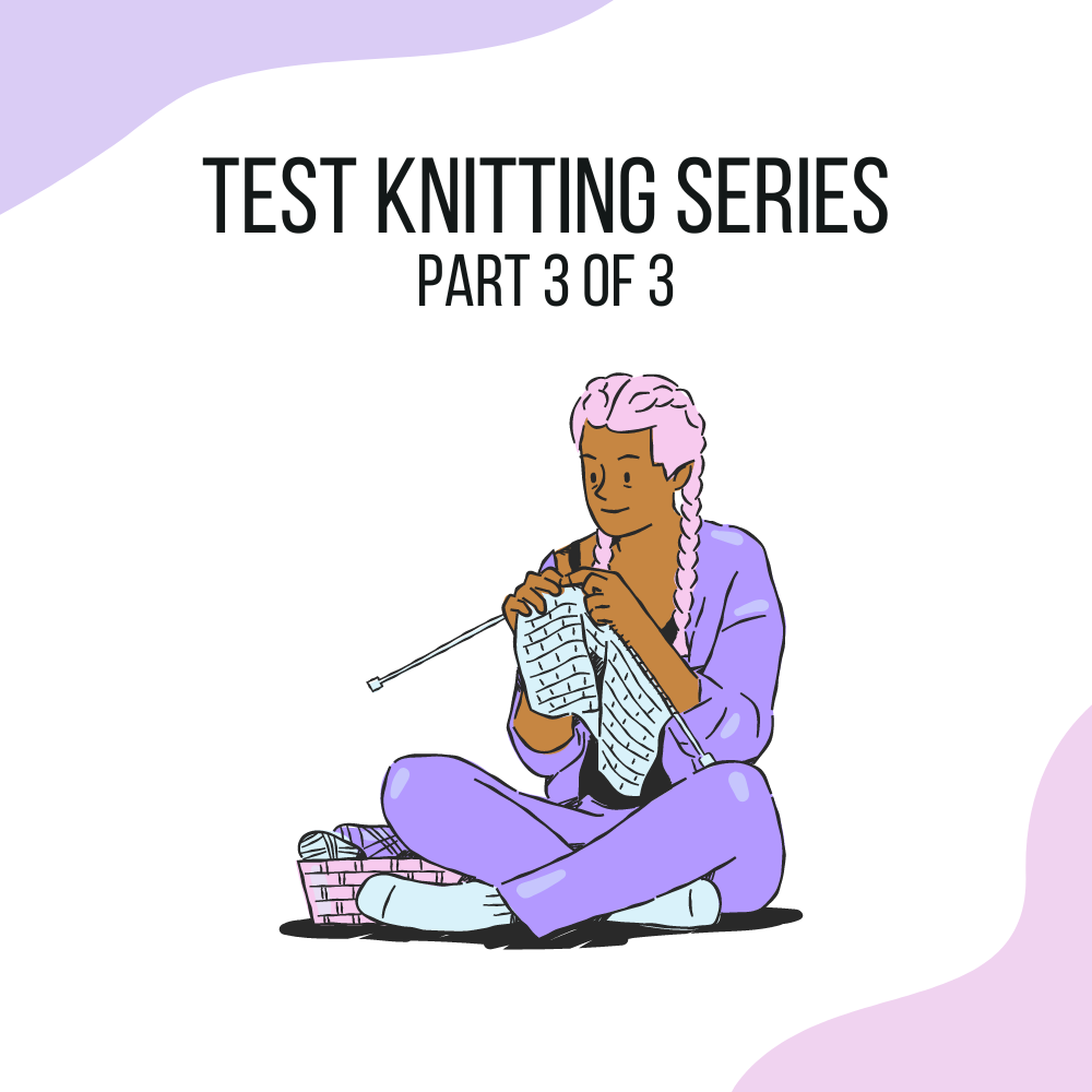 A graphic of a woman knitting with a basket of yarn beside her