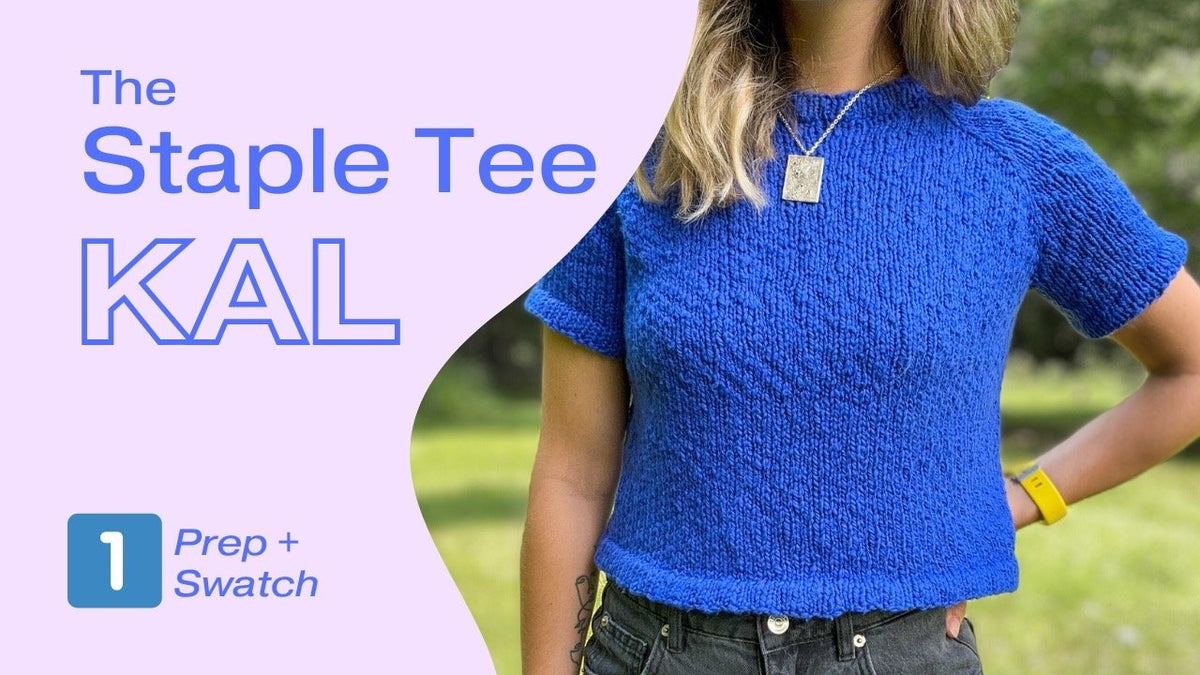 A girl wearing a blue knitted tee with text overlay Staple Tee KAL prep and swatch