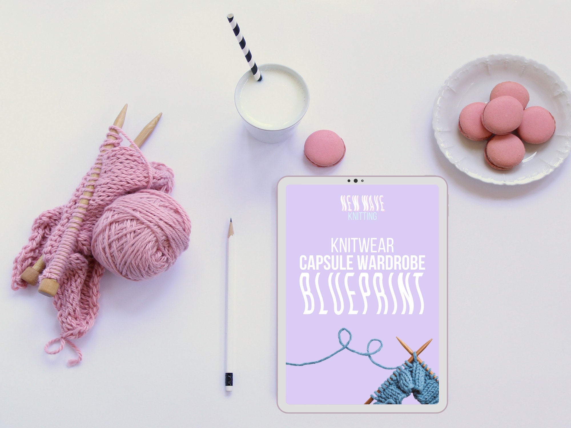 Knitwear Capsule Wardrobe Blueprint shown using an Ipad with a pink knitted project on the side