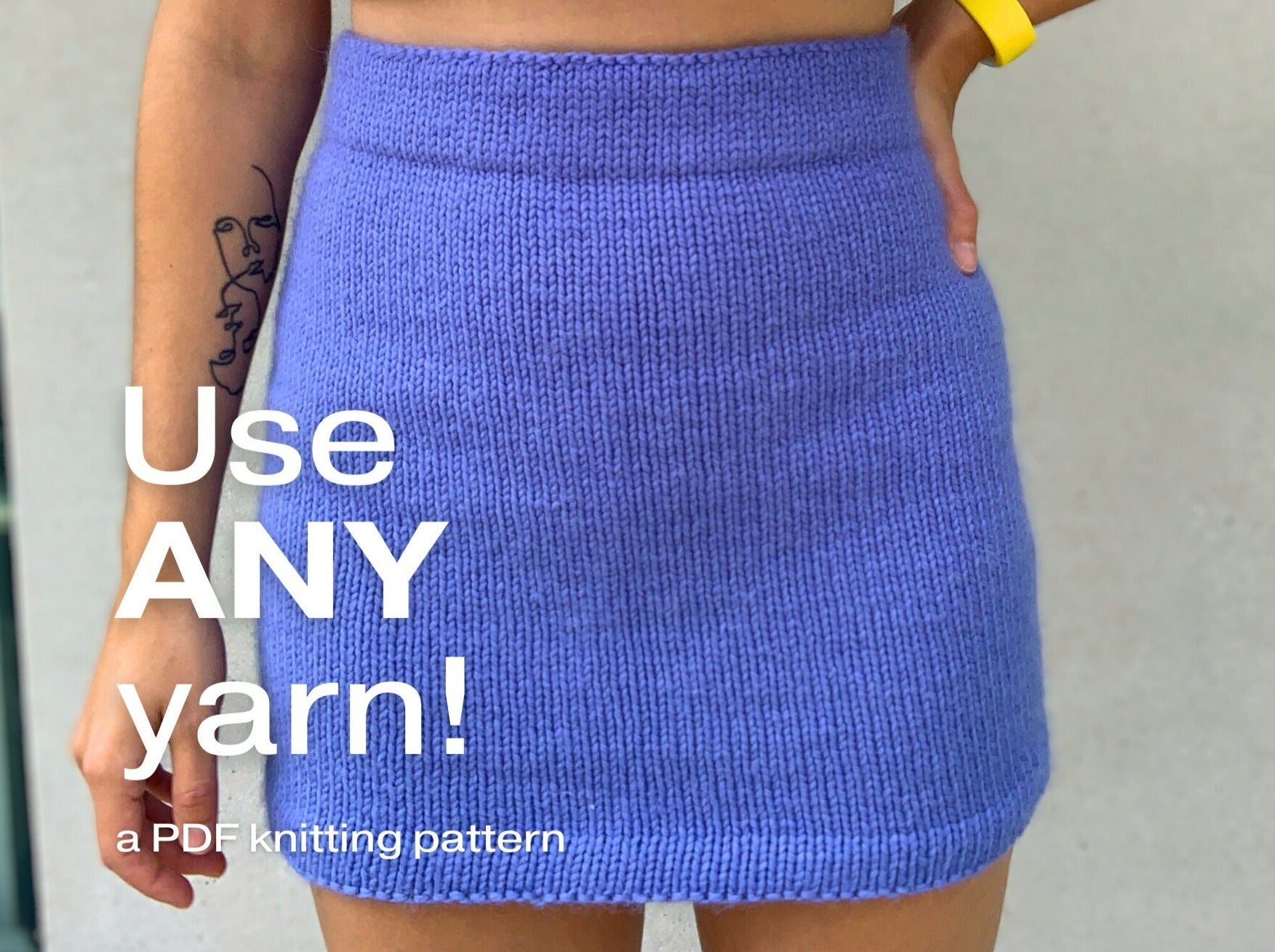 blue knitted skirt with text overlay "use any yarn!"