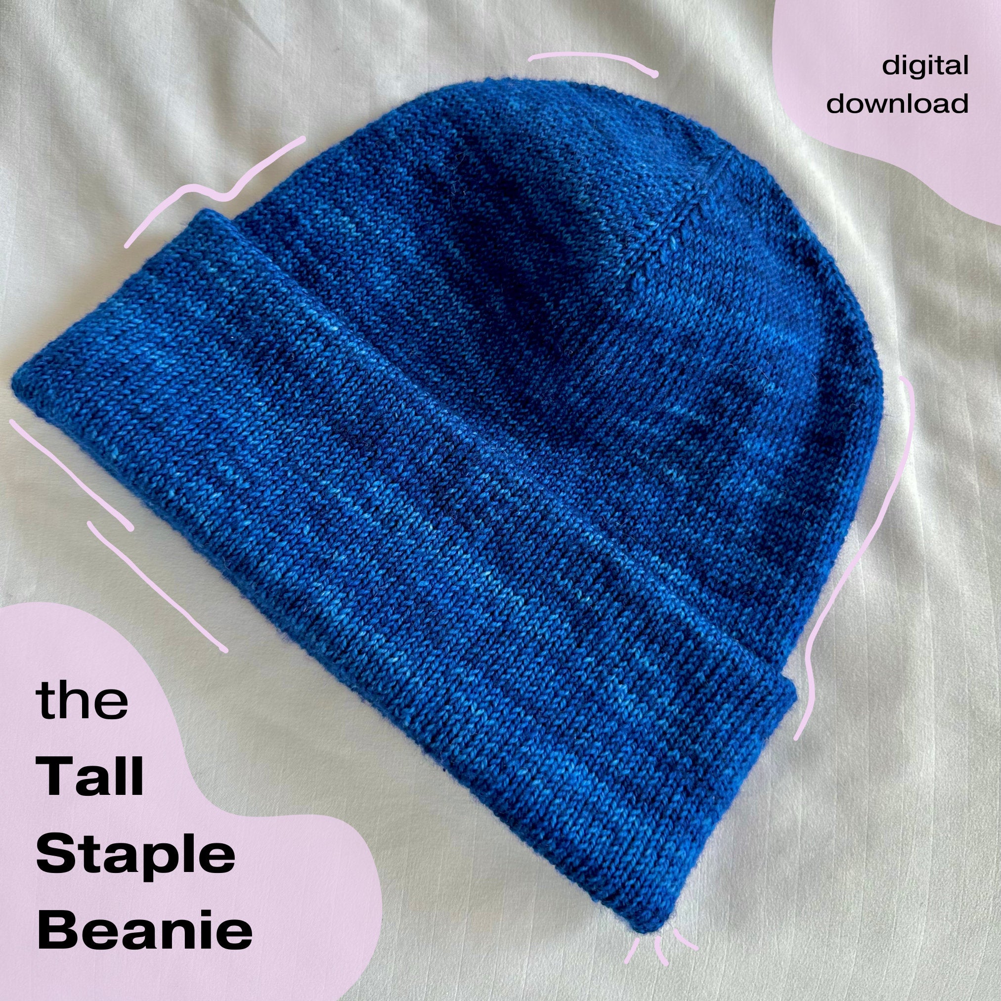 Tall Staple Beanie PDF pattern featuring a blue knitted hat that highlights its distinctive design.