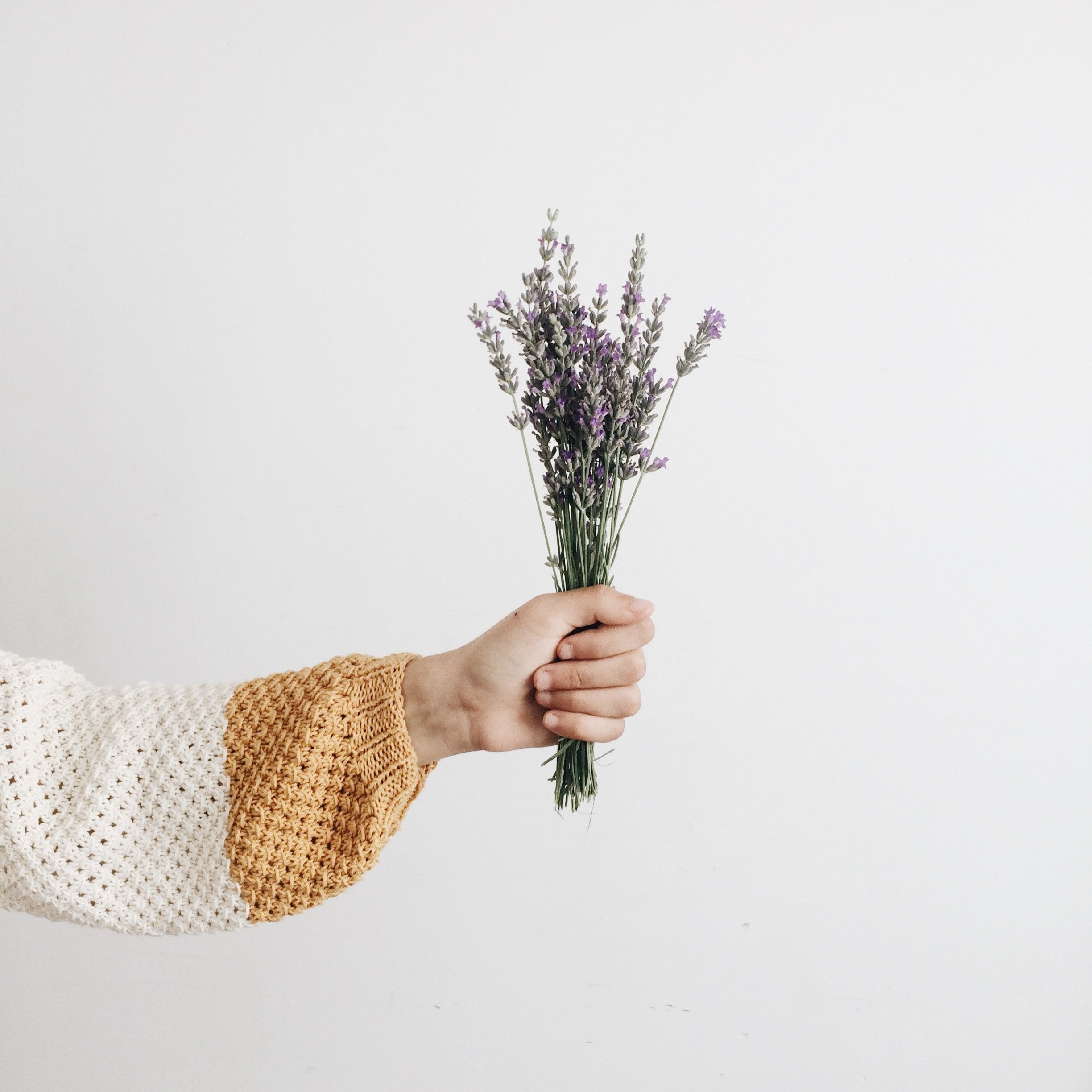 A woman holding out lavender flowers for storing knits