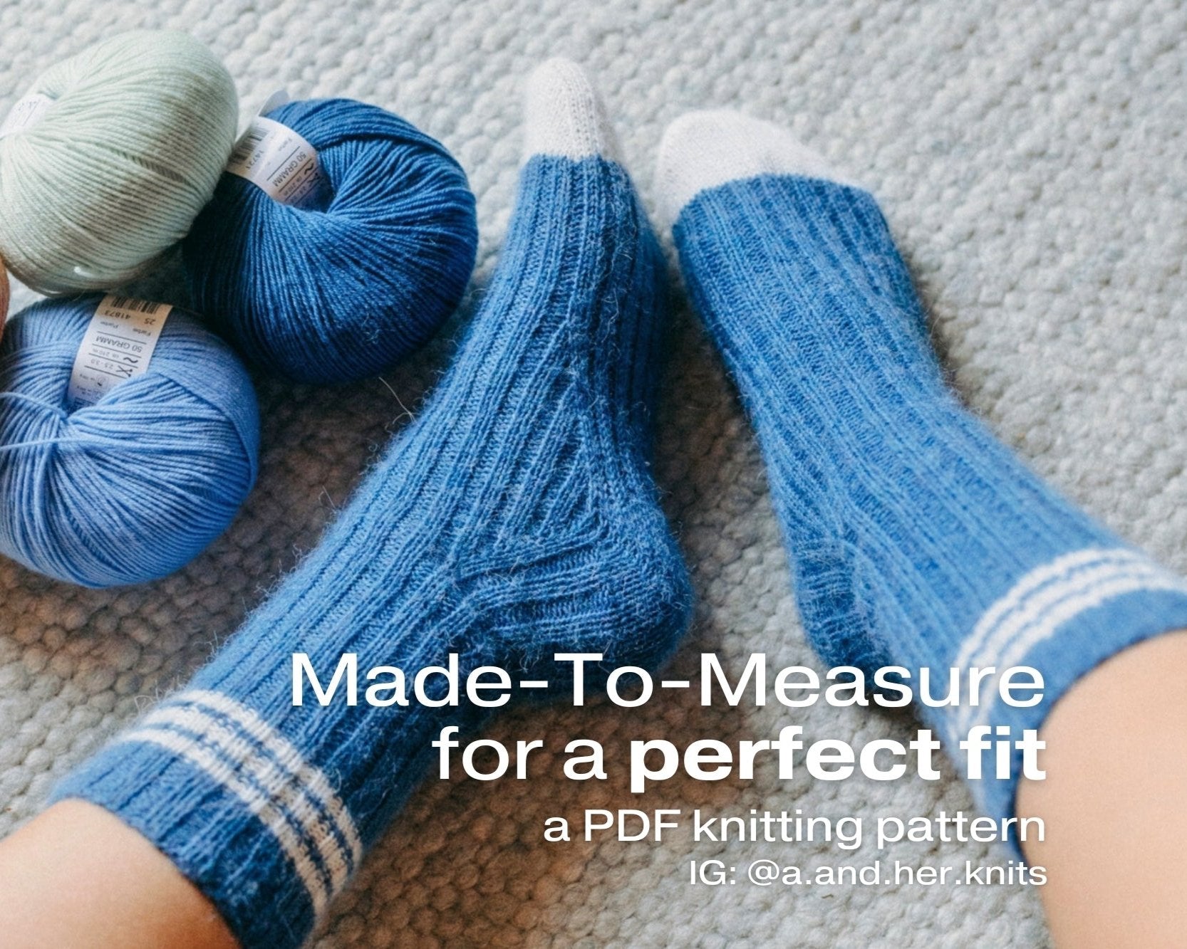 close up of a person's legs showcasing a blue ribbed made-to-measure knitted socks