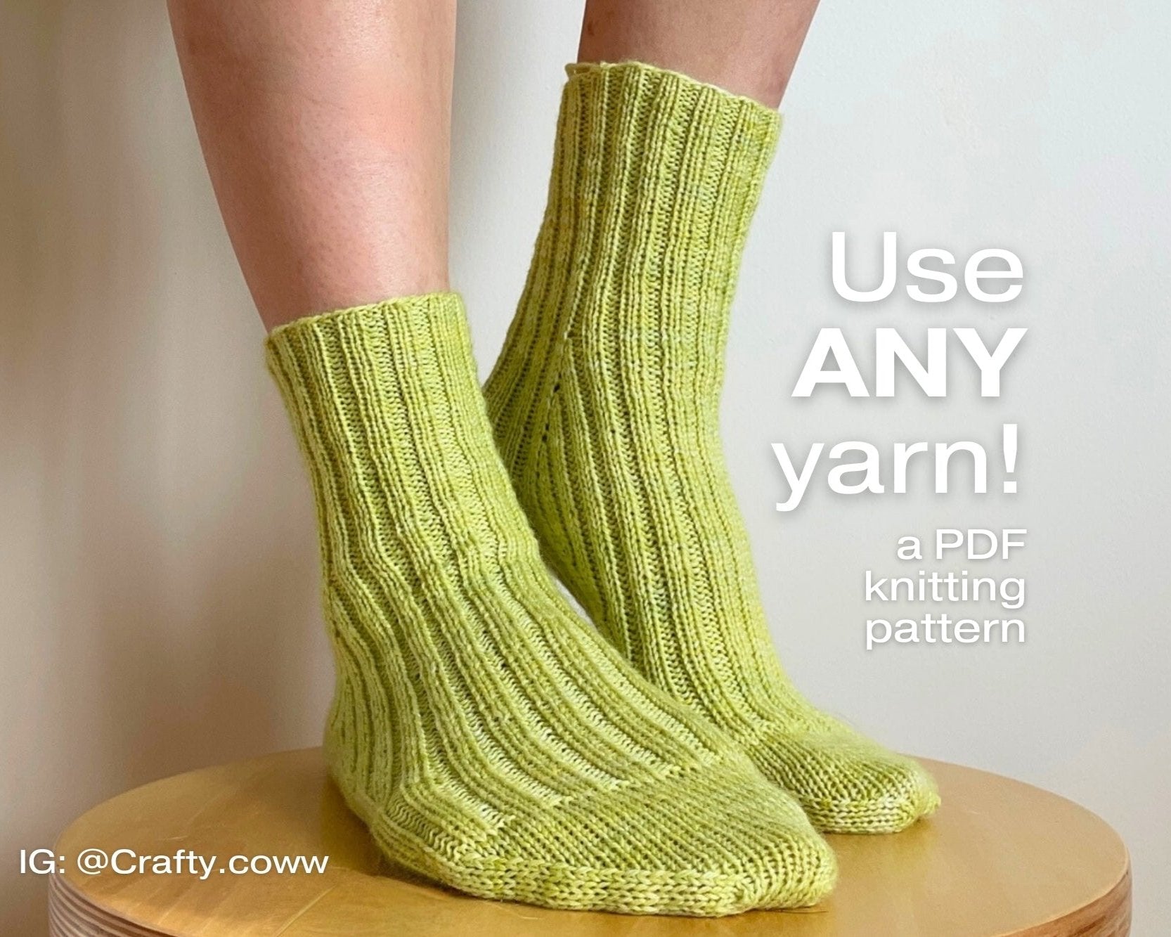 The Ribbed Sock PDF pattern featuring a lime green knitted sock that highlights its cute, distinctive design. 
