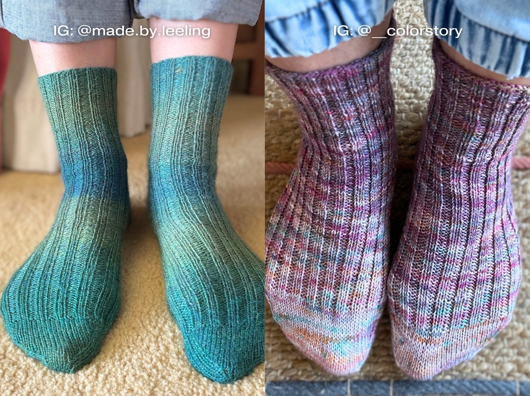 A person shows off two pairs of colorful socks, each featuring a unique design and vibrant hues using the ribbed sock knitting pattern.