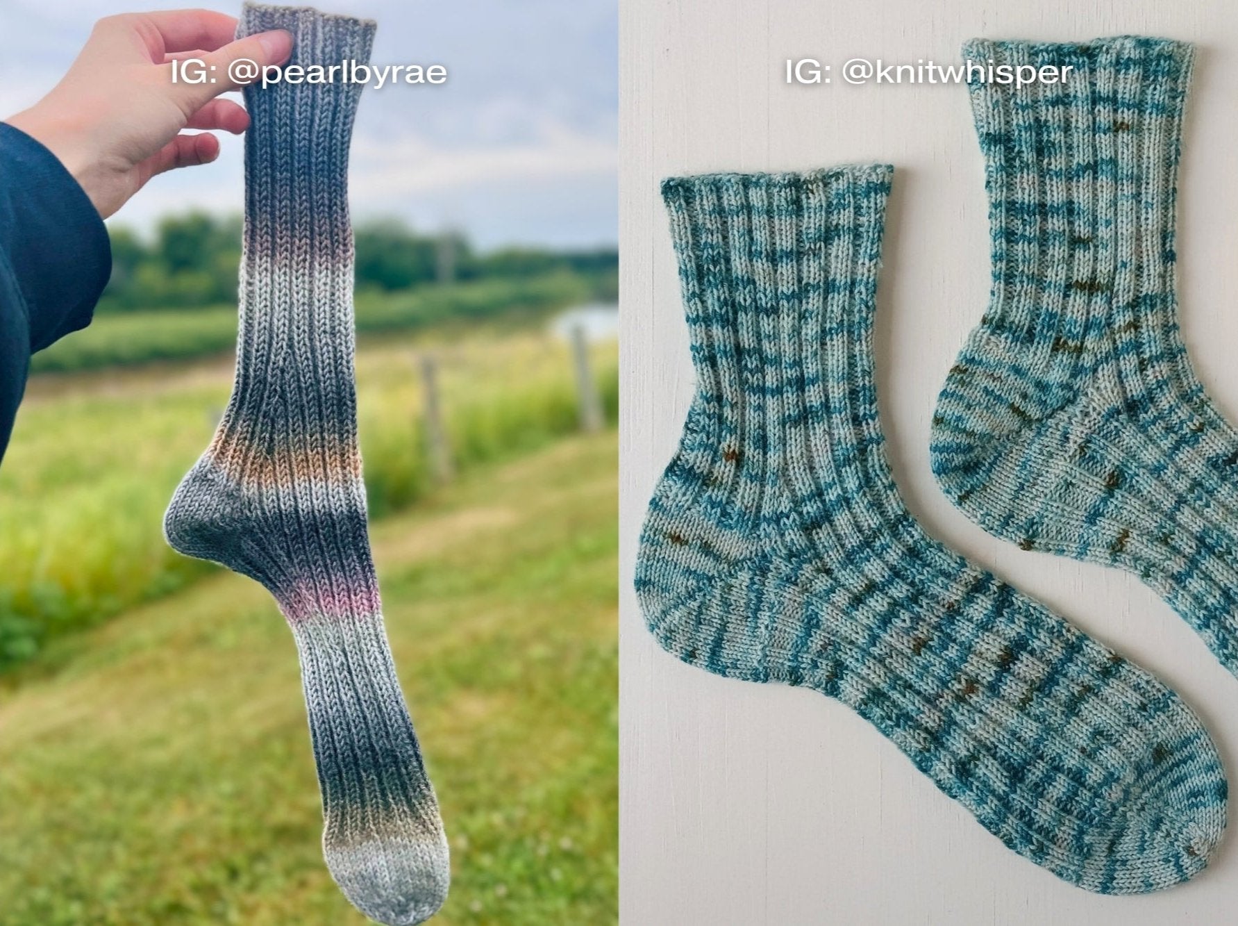 two pairs of colorful socks, each featuring a unique design and vibrant hues using the Ribbed Sock knitting pattern.