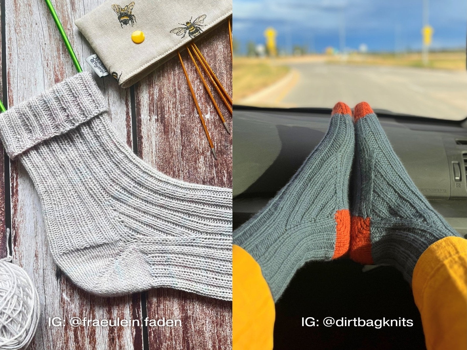 The Ribbed Sock PDF pattern features two lifestyle images of grey ribbed socks, highlighting its distinctive design.