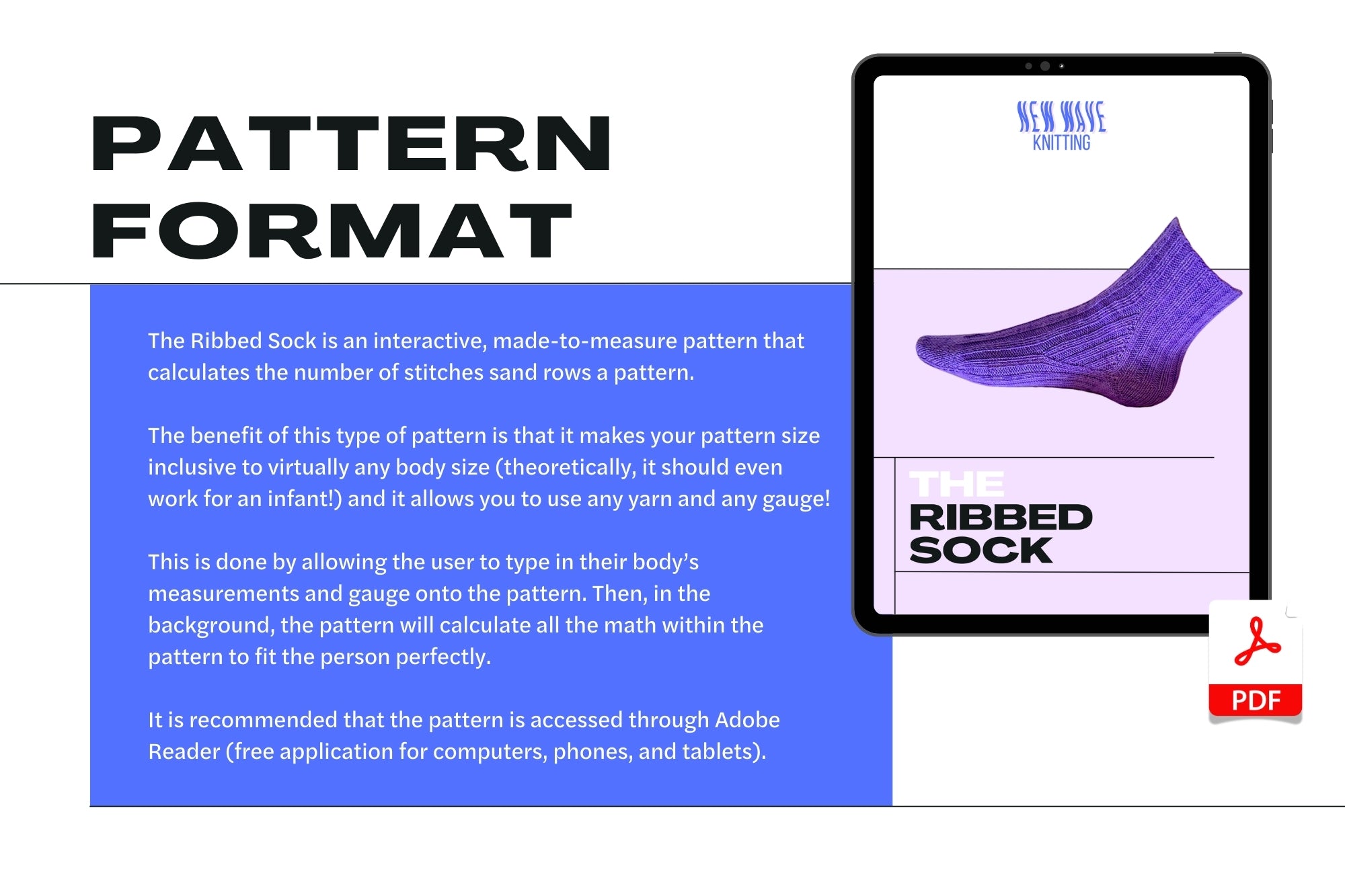 The Ribbed Sock knitting pattern PDF format featuring a purple knitted ribbed sock in an iPad. 