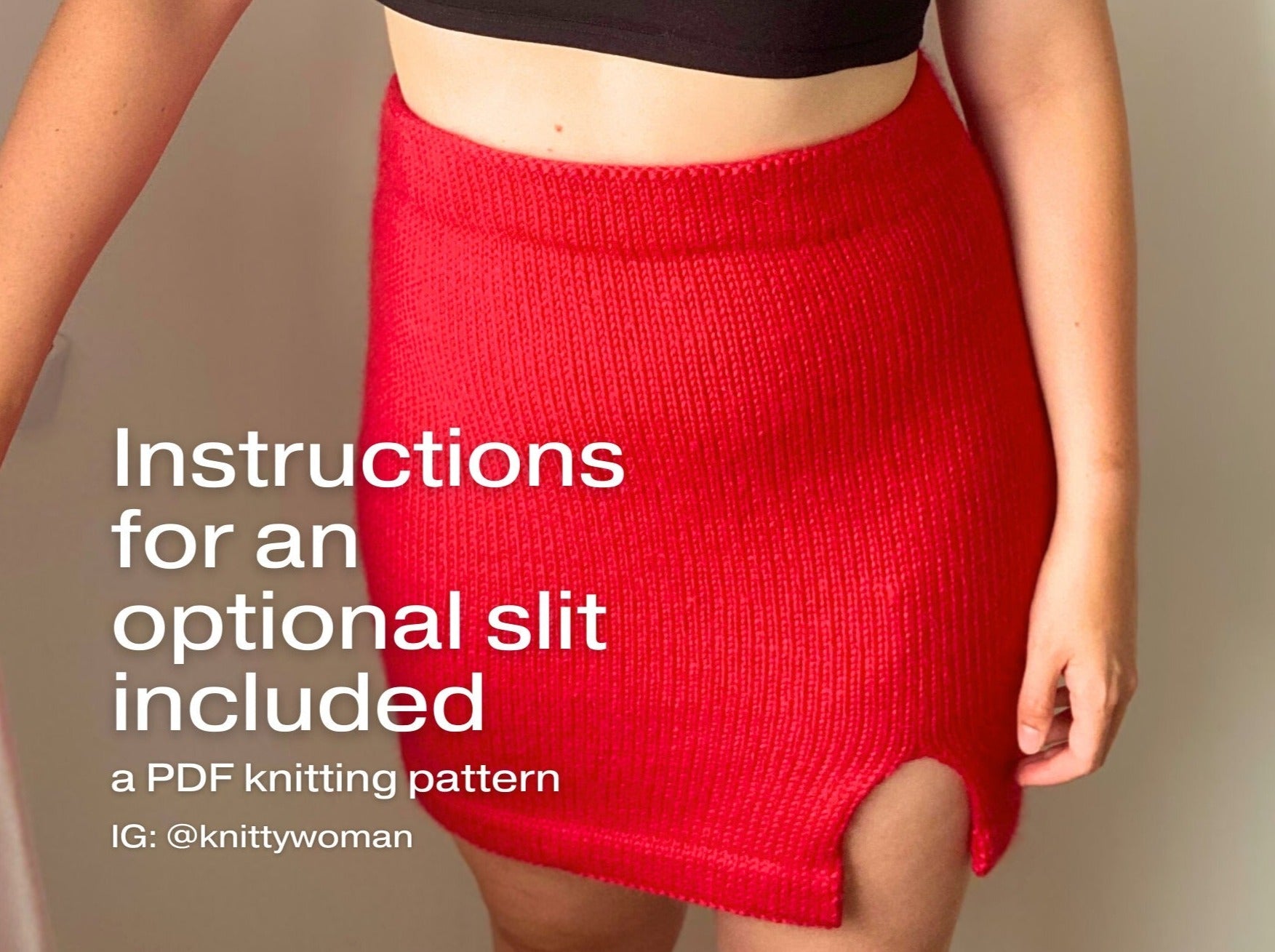 red knitted skirt with slit using the Staple Skirt PDF knitting pattern