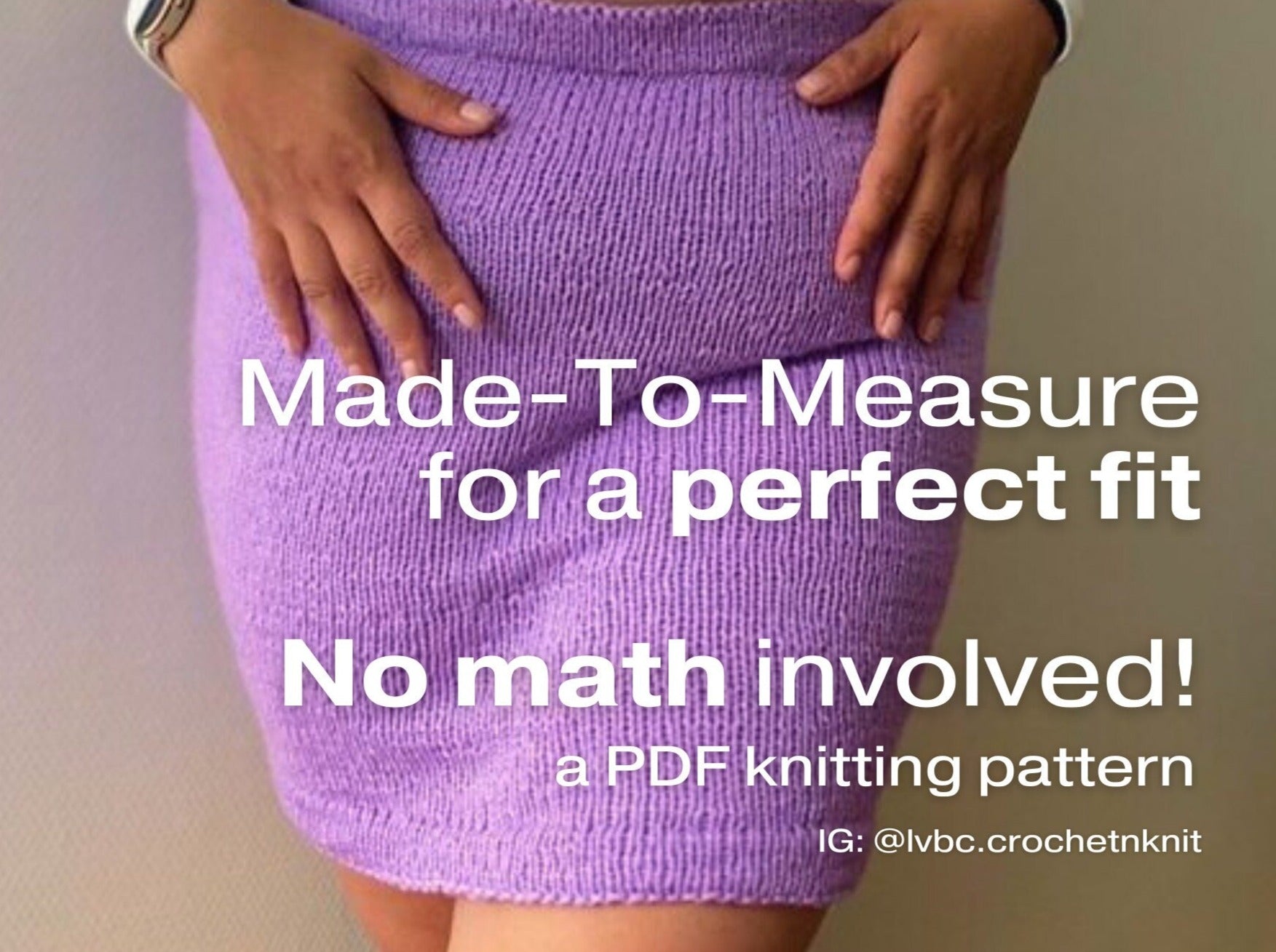 purple knitted skirt with text overlay "made-to-measure for a perfect fit"