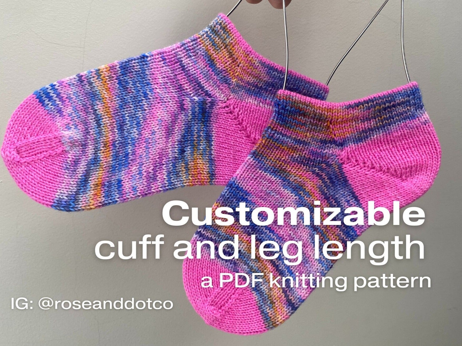 a vibrant pink pair of socks with text "customizable cuff and leg length"