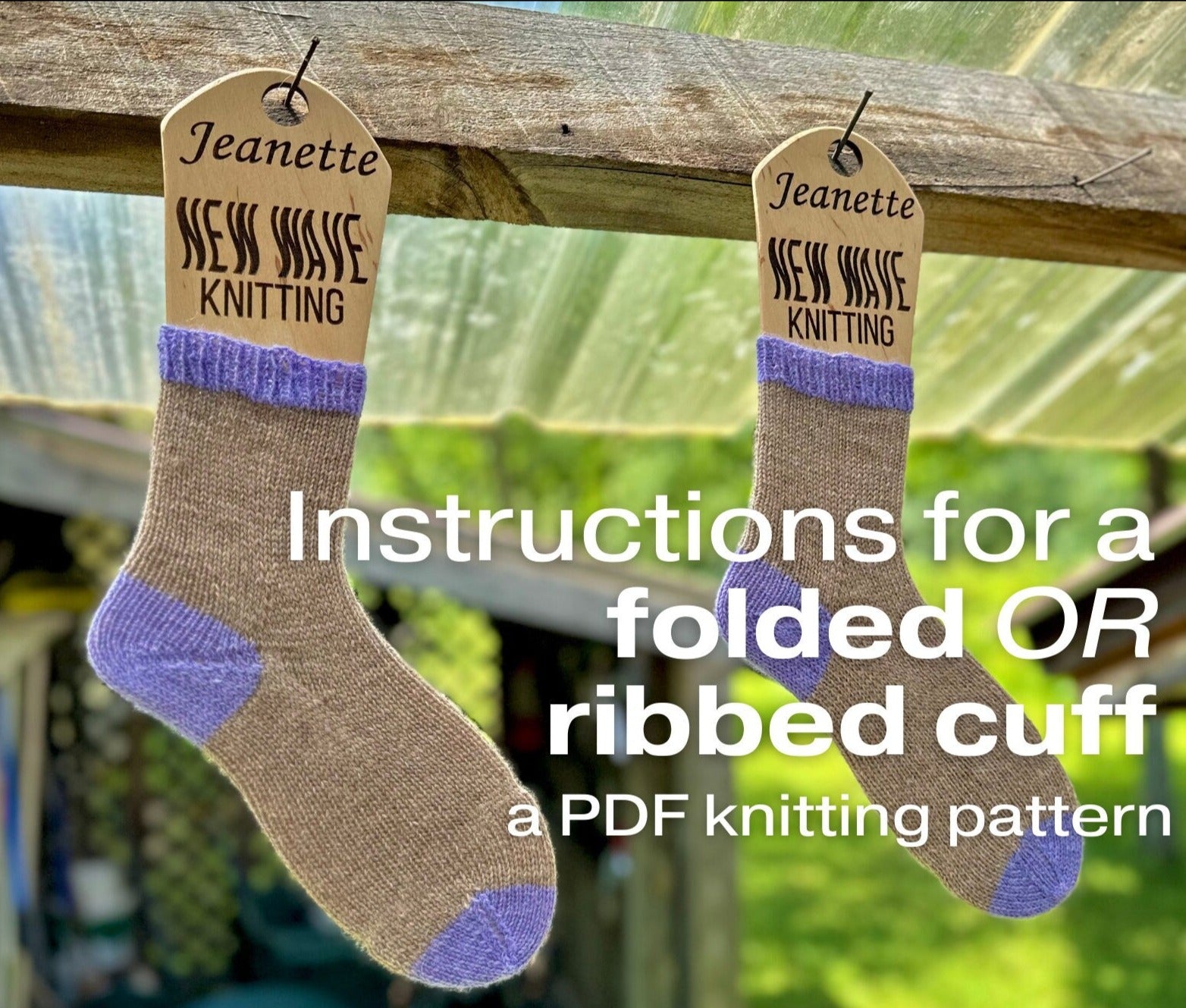 cute knitted pair of socks hanging with text "instructions for a folded or ribbed cuff"
