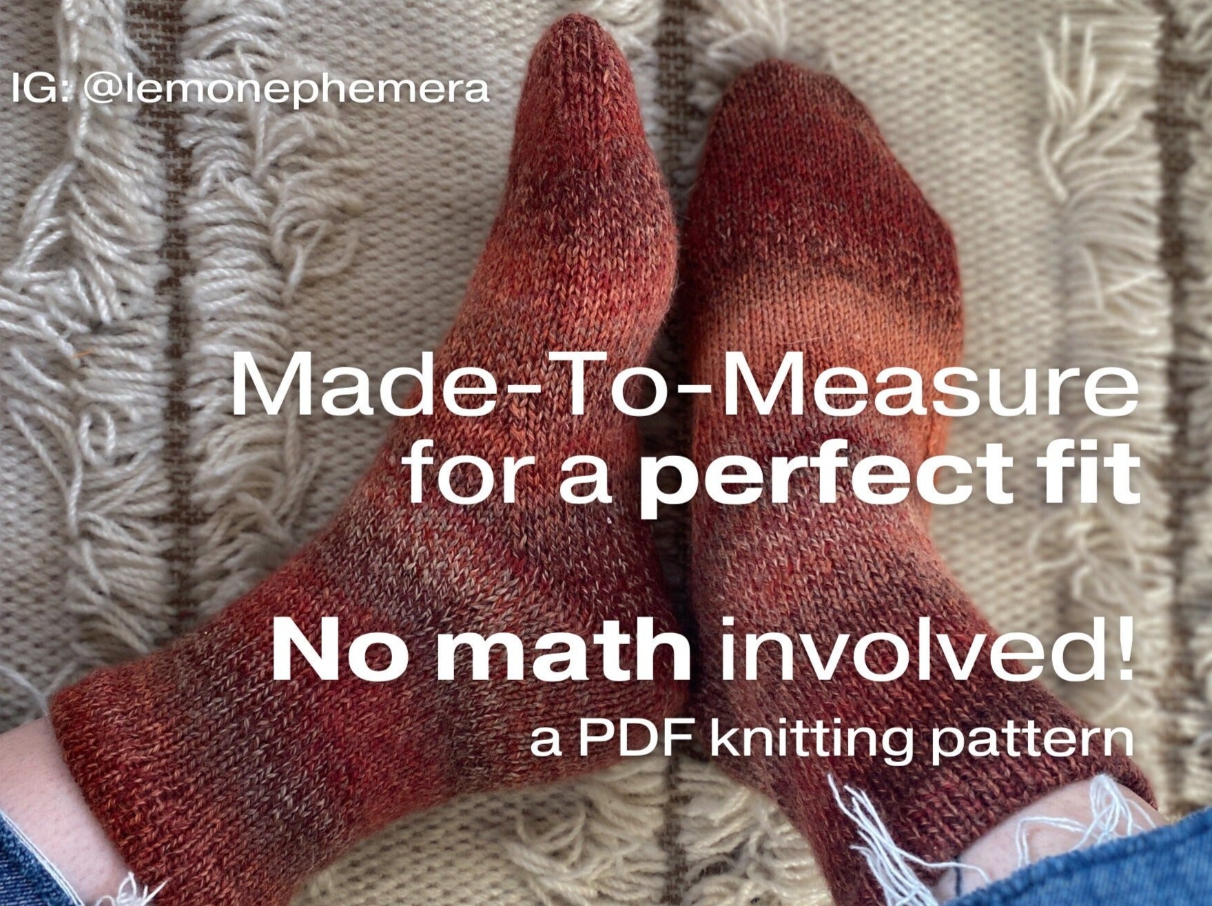 maroon knitted pair of socks with text "made-to-measure for a perfect fit"