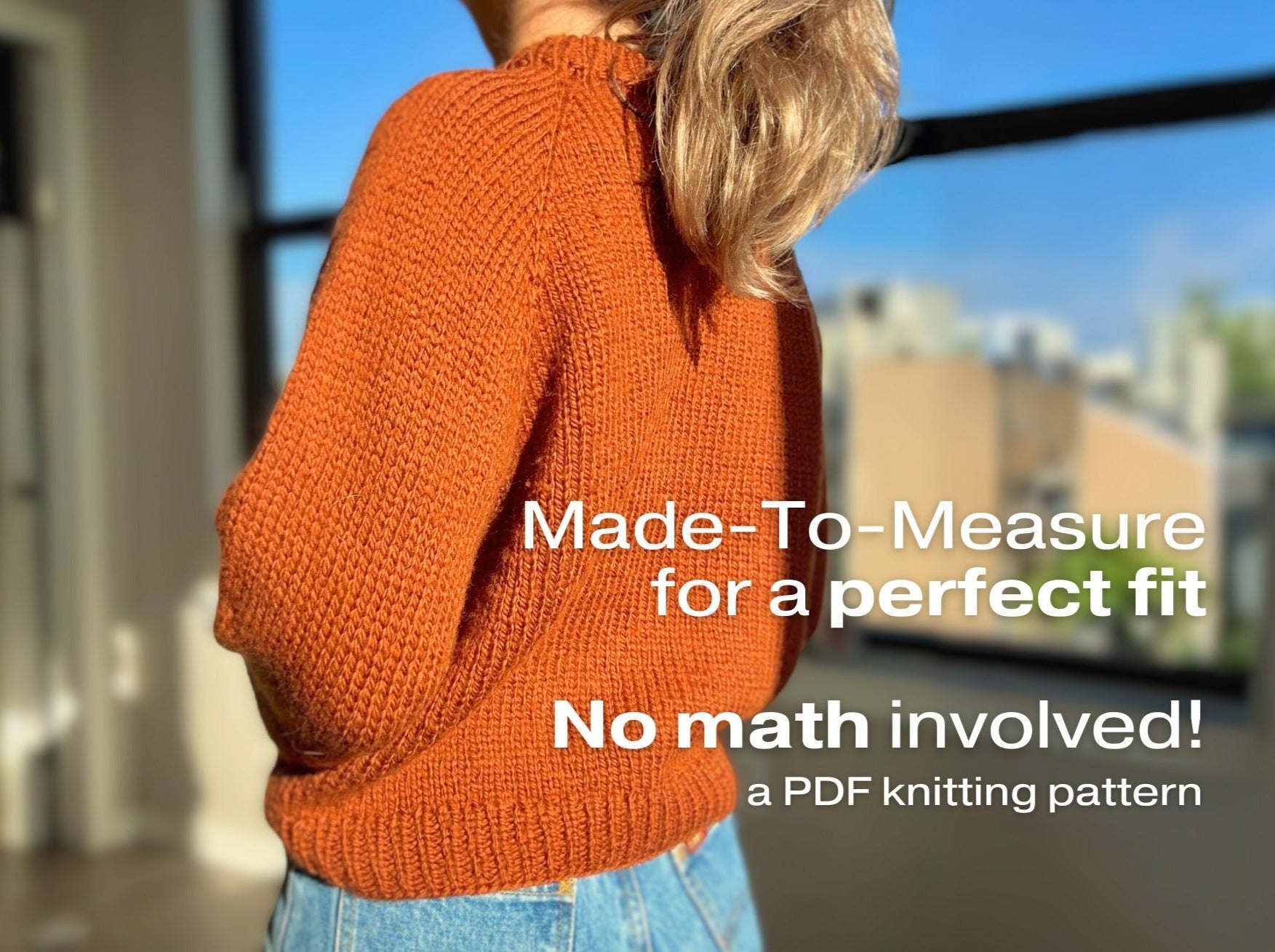 a lifestyle image for the staple sweater knitting pattern with text overlay "made-to measure for a perfect fit"