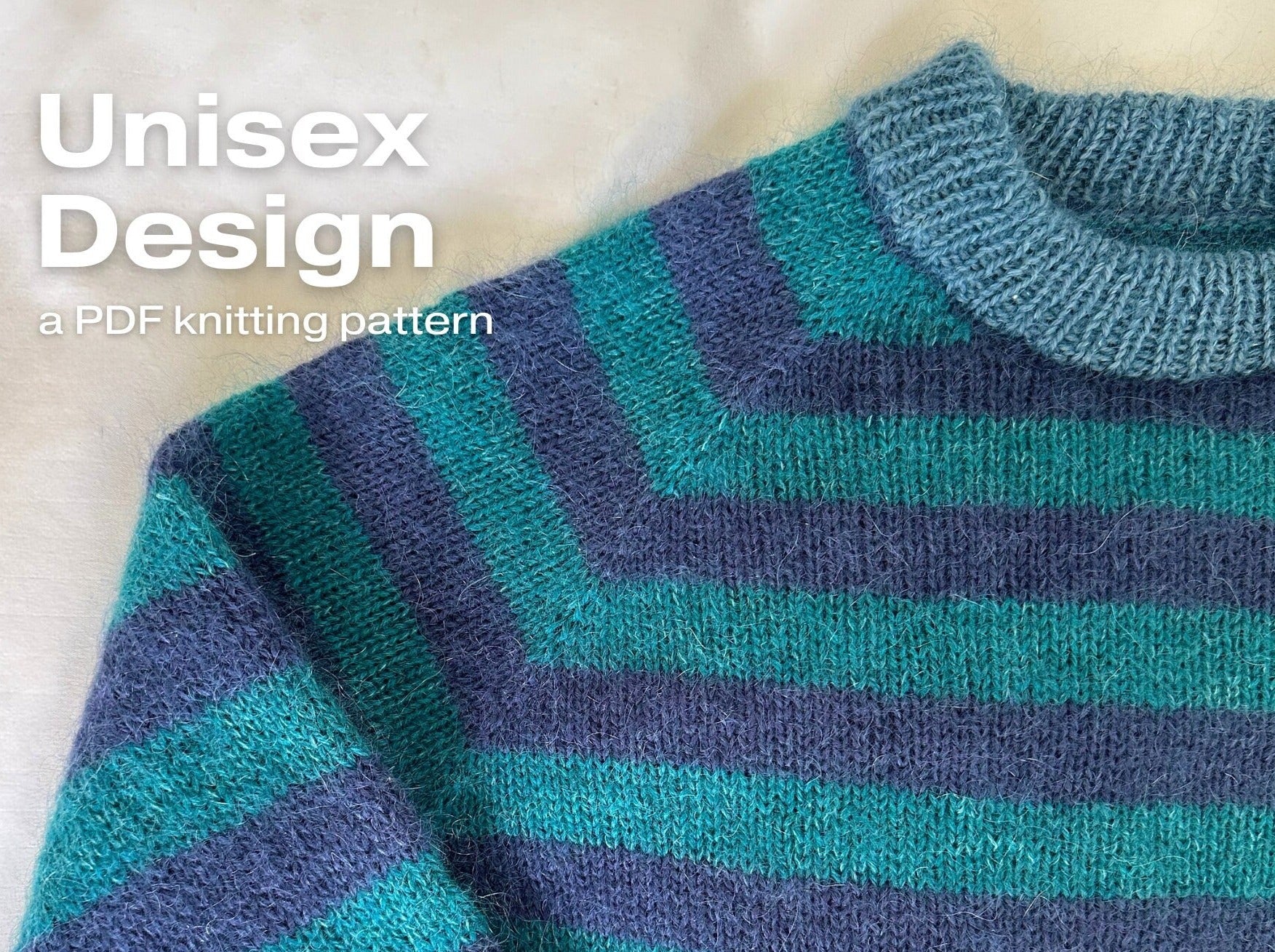 striped knitted sweater in blue and teal with text overlay "Unisex Design"