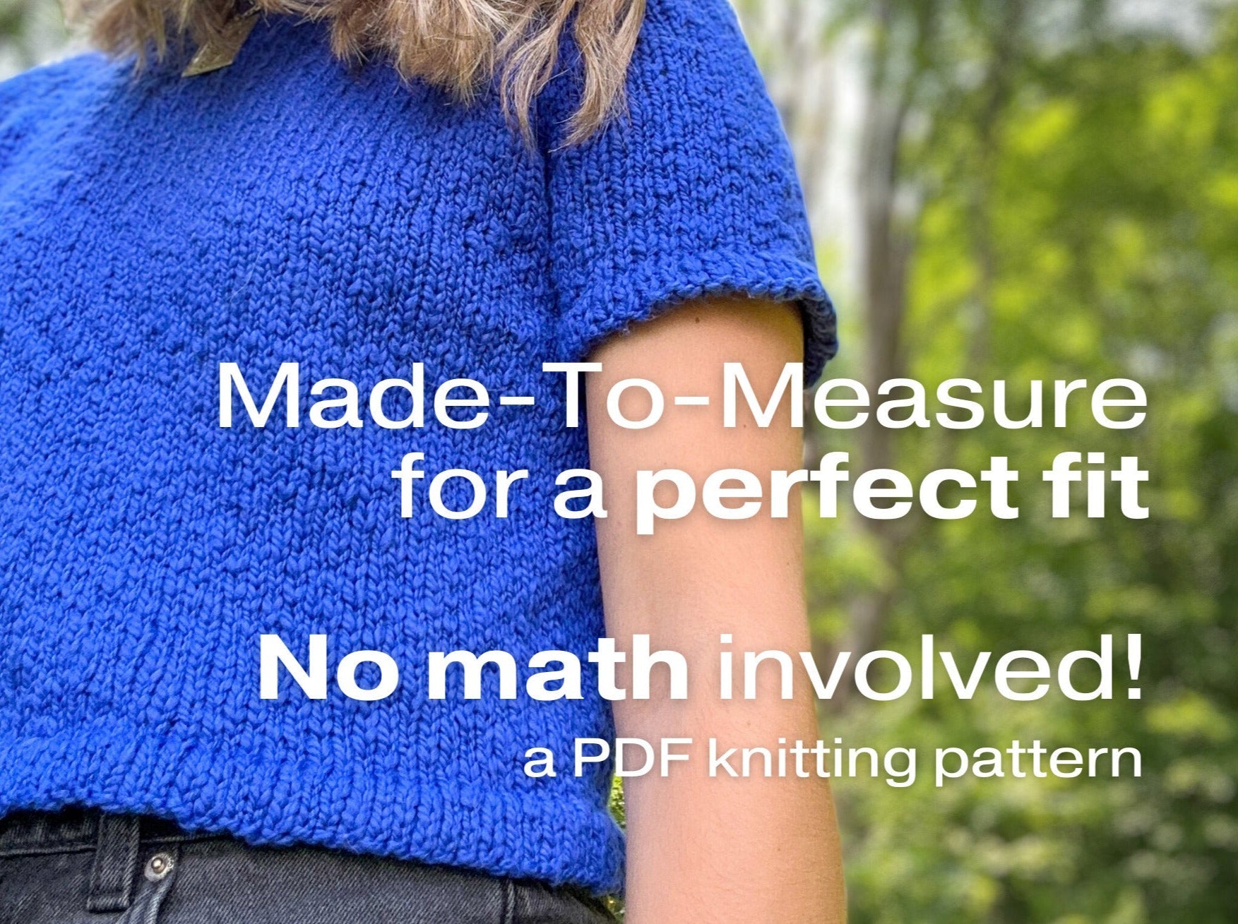 close up of a blue knitted tee with text overlay "Made-to-measure for a perfect fit"