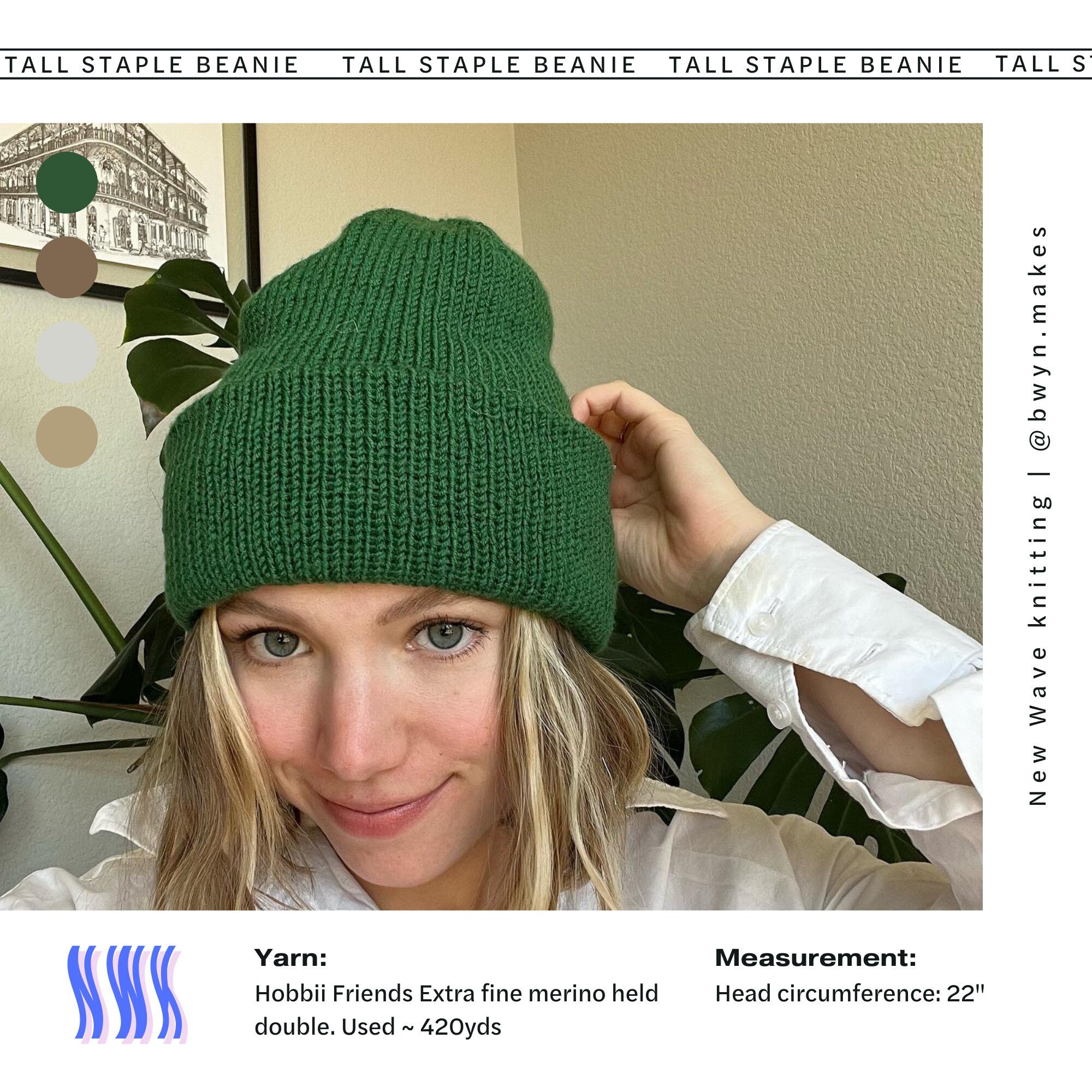 Tall Staple Beanie PDF pattern featuring a green knitted hat that highlights its distinctive design with measurements of the model and the specific yarn used.